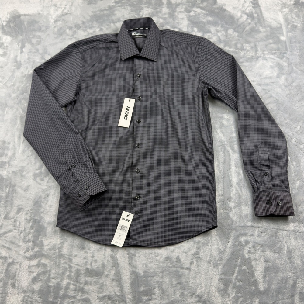 DKNY Mens Slim Fit Micro Check Dress Shirt Black White Small 14-14.5 32/33